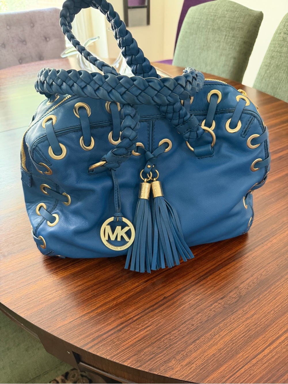 Michael Kors Blue Leather Braided-Handle Satchel with Tassel